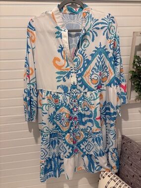 Boho Tiered Midi Dress in Blue, White & Orange